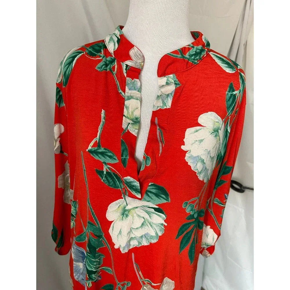 E'loges Collared Peek-a-boo V-Neck Floral Stretchy Short Sleeve Dress/Long Shirt - Picture 10 of 12